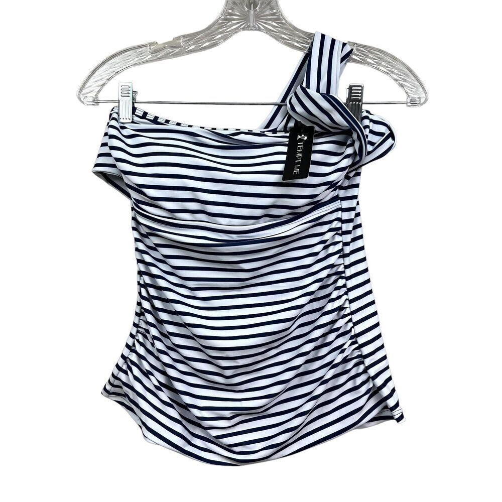 Tempt Me Womens Tankini Swim Top One Shoulder Stretch Stripe Blue White Size S*